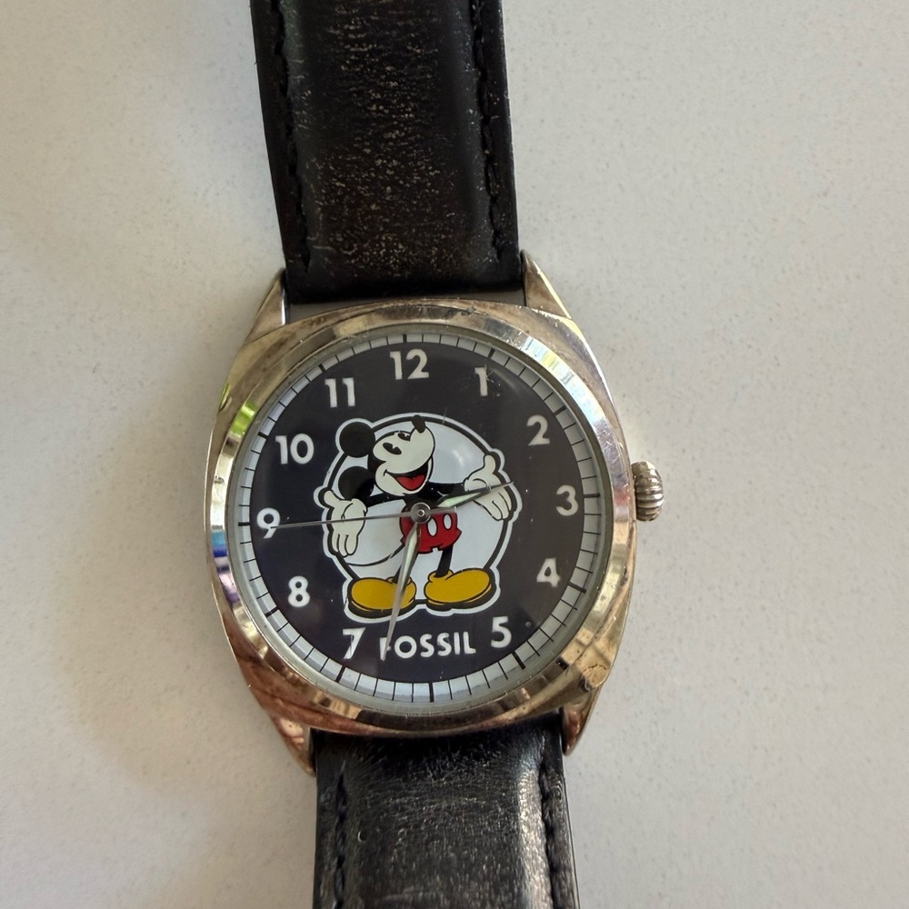 Fossil Black Dial Mickey Mouse Watch with Red and Yellow Accents